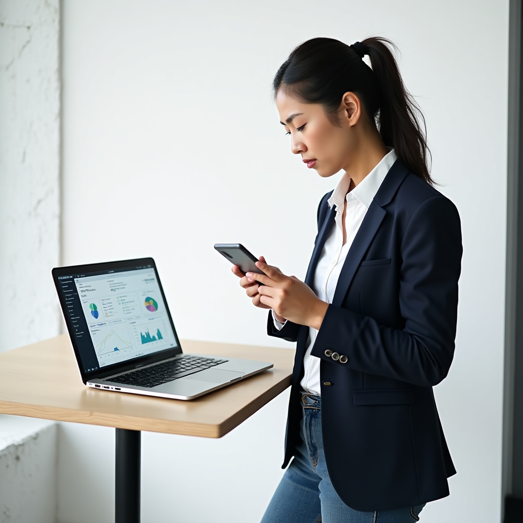 A performance specialist holding a smartphone showing a product page, with speed testing tools visible on a laptop in the background
