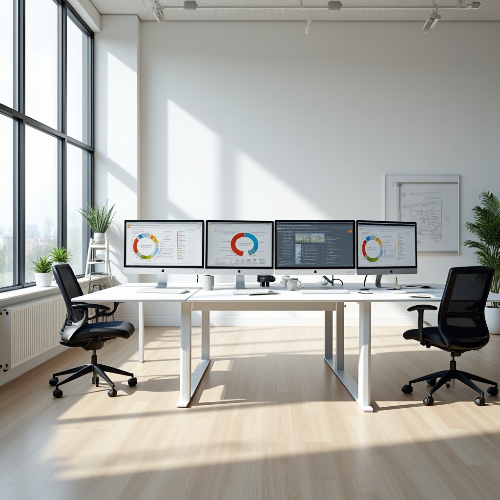 The Fejisa Kipoti office workspace in Cincinnati showing clean white desks, large monitors with performance dashboards, and natural light from tall windows