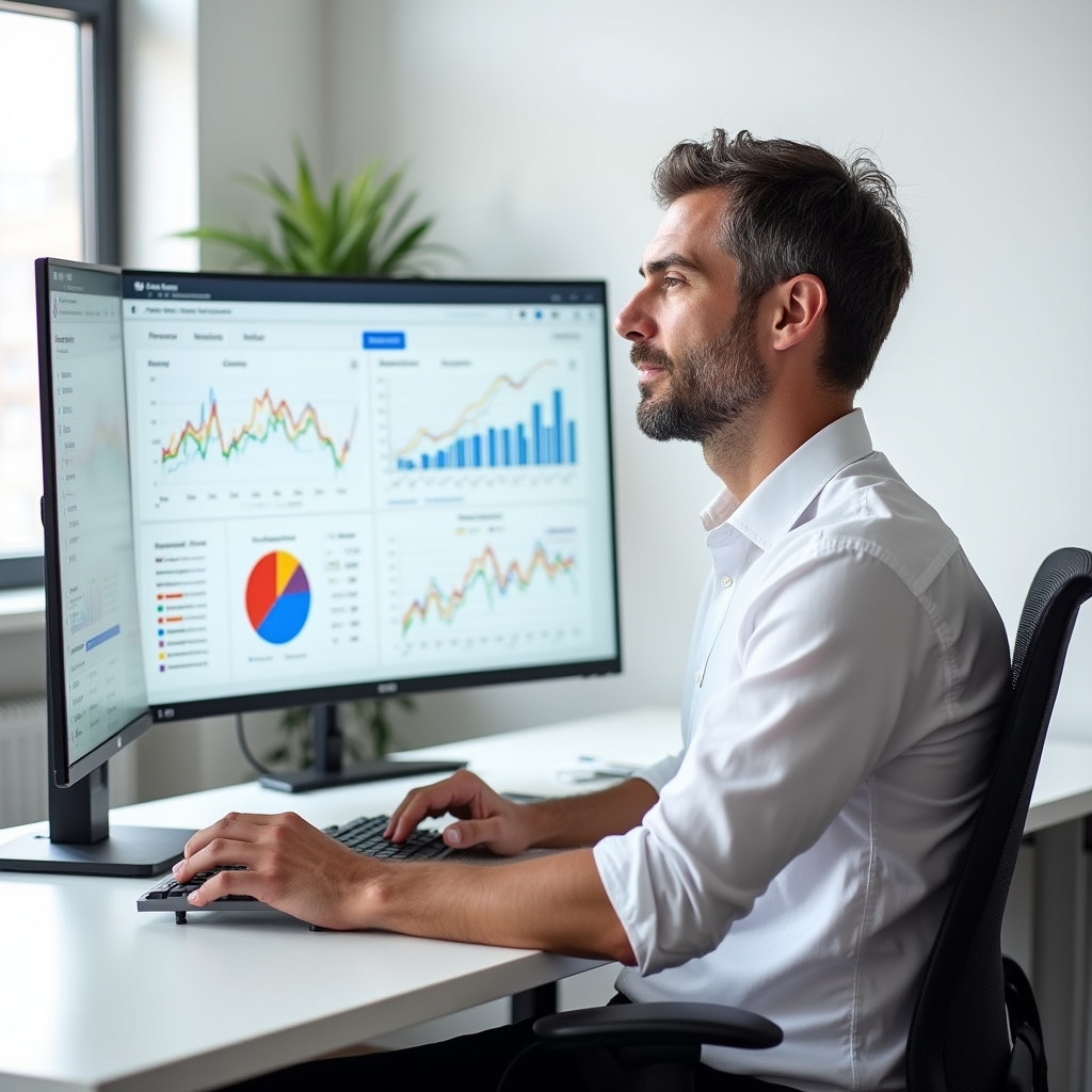 A professional reviewing search ranking data and Core Web Vitals scores on a large monitor in a bright office