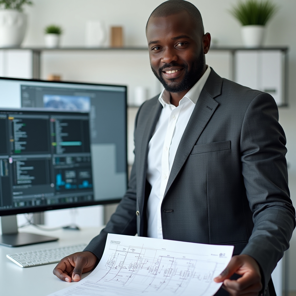 James Okafor, Infrastructure Specialist, reviewing server configuration in a modern workspace